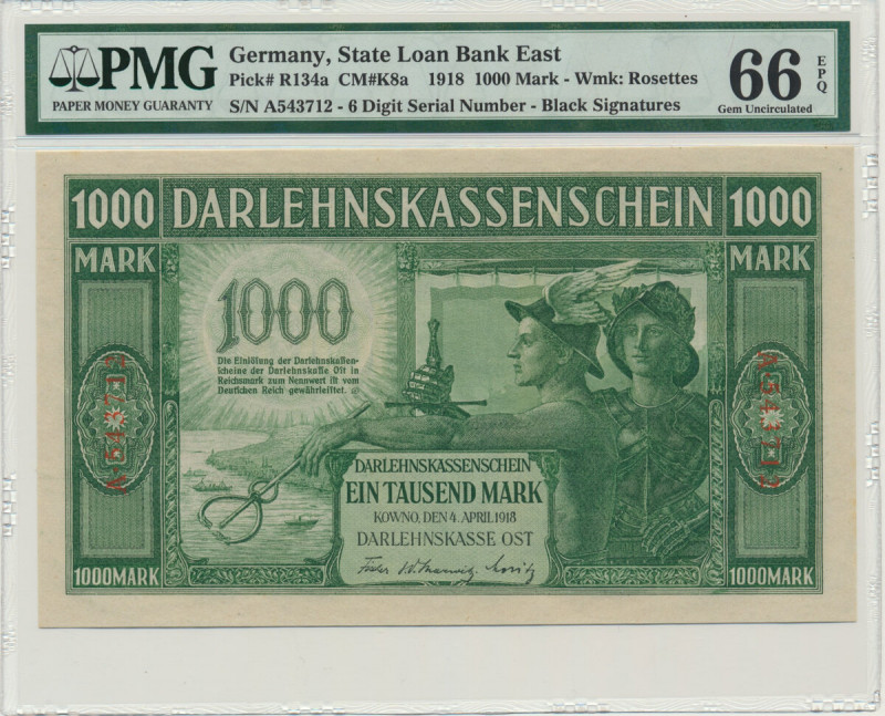 Kowno, 1.000 mark 1918 - A - 6 digit serial - PMG 66 EPQ Odmiana z numeracją sze...