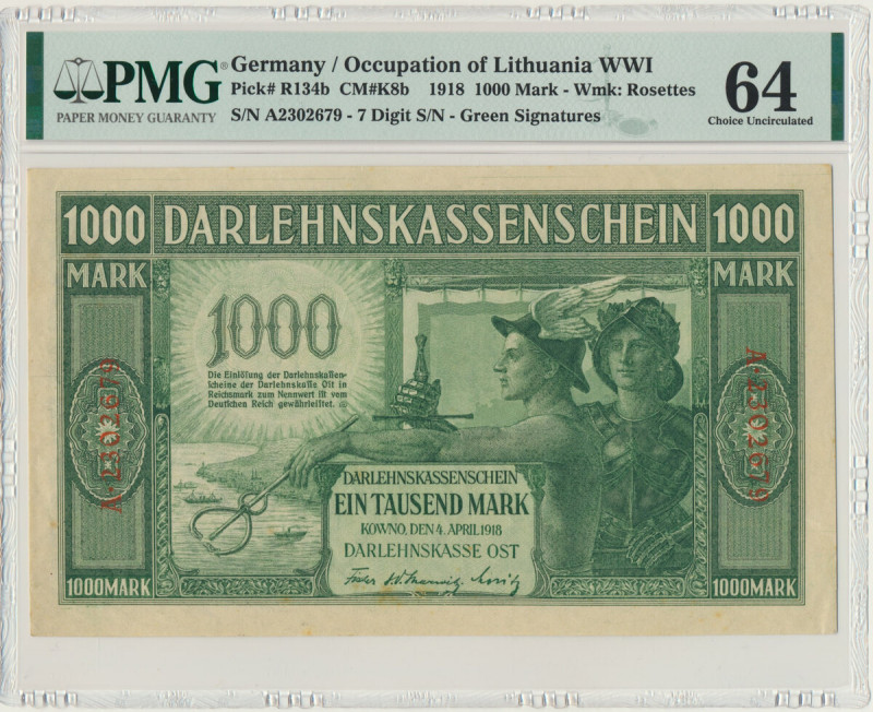 Kowno, 1.000 mark 1918 - A - 7 digit serial number - PMG 64 - RARE Wielokrotnie ...