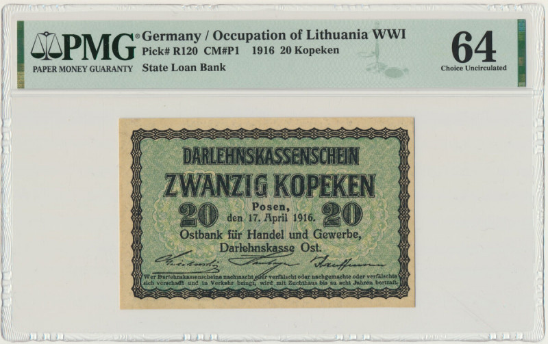 Posen, 20 kopeken 1916 - PMG 64 Niepozorny, aczkolwiek trudny banknot w stanach ...