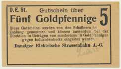 Danzig, Danziger Elektrische Strassenbahn A.-G., 5 Goldpfennige Rzadki walor.&nbsp; Pięknie zachowane. Reference: Podczaski WD-107/3c
Grade: UNC/AU ...