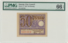 Danzig, 50 Pfennig 1919 - PMG 66 EPQ Powszechna odmiana w fioletowej kolorystyce.&nbsp; Emisyjny stan zachowania. Reference: Podczaski WD-100.F.1.c
G...
