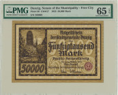 Danzig, 50.000 mark 1923 - PMG 65 EPQ Odmiana z drukiem w kolorze brązowym.&nbsp; Znakomita sztuka w stanie drukarskiej świeżości.&nbsp; Najwyższa not...