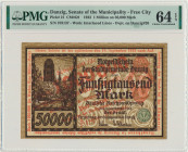 Danzig, 1 milion mark 1923 - red overprint - PMG 64 EPQ Rzadka odmiana. Nadruk w kolorze czerwonym.&nbsp; Egzemplarz w emisyjnym stanie zachowania z w...
