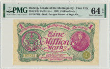 Danzig, 1 milion mark 08 August 1923 - 6 digital serial number with ❊ not rotated - PMG 64 EPQ Odmiana z numeratorem sześciocyfrowym i z gwiazdką nieo...