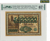 Danzig, 5 milion mark 1923 - green overprint - PMG 67 EPQ Fenomenalny, okazowy egzemplarz.&nbsp; Centryczny, świeży, bez najdrobniejszych wad.&nbsp; B...