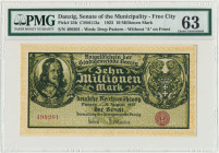 Danzig, 10 milion mark 1923 - without series designation - PMG 63 Odmiana bez oznaczenia serii oraz nieodwróconym drukiem na marginesie.&nbsp; Bazując...
