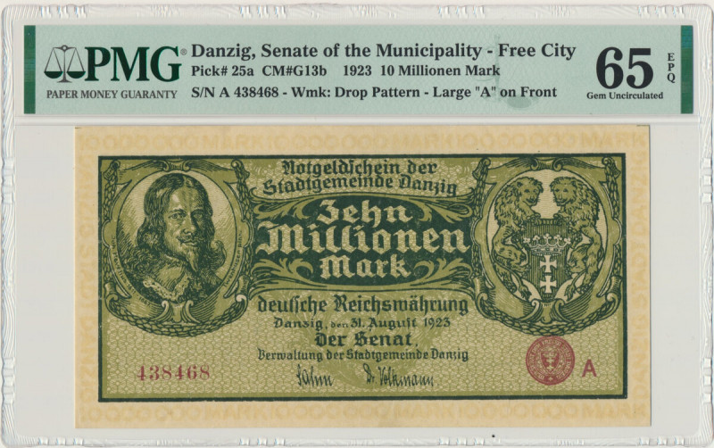 Danzig, 10 milion mark 1923 - A - PMG 65 EPQ Rzadka odmiana z oznaczeniem serii ...
