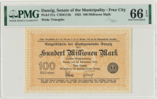 Danzig, 100 milion mark 1923 - PMG 66 EPQ Rzadki, wysoki nominał emisji markowej Wolnego Miasta Gdańska. Odmiana ze znakiem wodnym w kształcie figur g...
