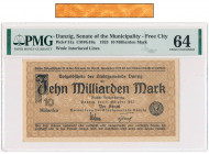 Danzig, 10 milliarden mark 1923 - PMG 64 - wmk. 'interlaced lines' Odmiana ze znakiem wodnym kwadraty.&nbsp; Załamanie końcówki lewego, dolnego narożn...