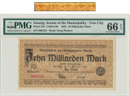 Danzig, 10 milliarden mark 1923 - Wmk: Drop Pattern - PMG 66 EPQ Rzadsza odmiana z numeracją oraz znakiem wodnym 'krople'.&nbsp; Banknot w wyśmienitym...