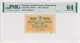 Danzig, 2 pfennig 1923 October - PMG 64 EPQ - RARE Bardzo rzadki, niepozorny nominał, który w stanach bankowych należy do jednych z trudniejszych bank...