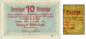 Danzig, 10 Pfennige 1923 October - watermark KOGA - RARE Wielokrotnie rzadsza odmiana ze znakiem wodnym 'Koga'.&nbsp; Bez ugięć przez pole, ale ze zła...