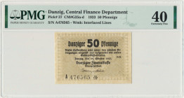 Danzig, 50 Pfennige 1923 October - inverted numbering ❊- PMG 40 Odmiana z datą październikową, serii A z gwiazdką obróconą. Nominał 50 fenigów to bank...