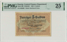 Danzig, 1 Gulden 1923 October - PMG 40 Dużej rzadkości banknot, wysoki nominał wczesnej emisji guldenowej WMG. Obiegowy egzemplarz, ale bez konserwacj...