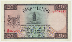 Danzig, 20 gulden 1923 - C/B - Pozycja rzadko notowana na aukcjach.&nbsp; Seria ułamkowa.&nbsp; Banknot złamany na cztery. Bez konserwacji z naturalny...