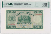 Danzig, 500 gulden 1924 - PMG 66 EPQ - RARE Niebywałej urody, wysoki nominał guldenowy. Nominał niegdyś znany wyłącznie z zapasów Rosenberga.&nbsp; La...