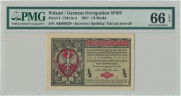 1/2 marki 1916 Jenerał - A - PMG 66 EPQ Numerator koloru intensywnie czerwonego.&nbsp; Emisyjny stan zachowania.&nbsp; Druga najwyższa nota w rejestrz...