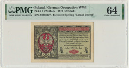 1/2 marki 1916 Jenerał - A - PMG 64 Numerator koloru intensywnie czerwonego.&nbsp; Nieświeżości rogów. Załamany lewy, dolny narożnik. Dobra prezencja....