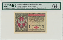 1 marka 1916 Jenerał - A - PMG 64 Rzadszy i ceniony nominał z błędną klauzulą 'jenerał'. Technicznie dobrze zachowany banknot, ale nierówność bocznych...