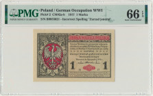 1 marka 1916 Jenerał - B - PMG 66 EPQ - RZADKOŚĆ Odmiana z błędną klauzulą 'jenerał' oraz rzadką serią B. Banknot w niespotykanym jak na tak rzadką od...