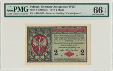 2 marki 1916 Jenerał - A - PMG 66 EPQ - WYŚMIENITY Rzadsza odmiana z błędną klauzulą 'jenerał'. Egzemplarz w stanie drukarskiej świeżości.&nbsp; Bankn...