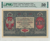 100 marek 1916 Jenerał - 6 cyfr - PMG 50 - ŁADNY Rzadki banknot. Wariant sześciocyfrowy.&nbsp; Złamany w pionie z naturalnym garbem oraz lżej ugięty w...