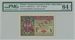 1/2 marki 1916 Generał - WZÓR - PMG 64 NET Dużej rzadkości, jednostronny wzór awersu.&nbsp; Awers z nadrukiem 'Mufter' i perforacją 'DRUCKPROBE'.&nbsp...