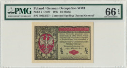 1/2 marki 1916 Generał - PMG 66 EPQ Emisyjny stan zachowania.&nbsp; Druga najwyższa nota w rejestrze PMG.&nbsp; Reference: Miłczak 7
Grade: PMG 66 EP...