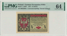 1/2 marki 1916 Generał - PMG 64 Złamany prawy, górny narożnik. Pozostałe wykazują nieznaczną nieświeżość.&nbsp; Bez śladów konserwacji.&nbsp; Referenc...