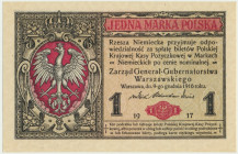 1 marka 1916 Generał - B - WYŚMIENITY Fenomenalnie zachowany egzemplarz.&nbsp; Banknot w stanie najwyższej świeżości drukarskiej ze spektakularnymi pr...
