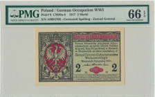 2 marki 1916 Generał - A - PMG 66 EPQ - RZADKI I PIĘKNY Niepozorny, aczkolwiek dużej rzadkości banknot.&nbsp; Odmiana z poprawioną klauzulą 'generał',...