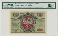5 marek 1916 Generał - Biletów - A - PMG 65 EPQ Rzadka odmiana z błędnie napisaną klauzulą 'Biletów' z dużej litery.&nbsp; Banknot w stanie drukarskie...