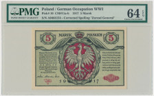 5 marek 1916 Generał - biletów - A - PMG 64 EPQ Naszym zdaniem najrzadsza odmiana 5 marek, oznaczona serią A i poprawną klauzulą biletów pisaną z małe...
