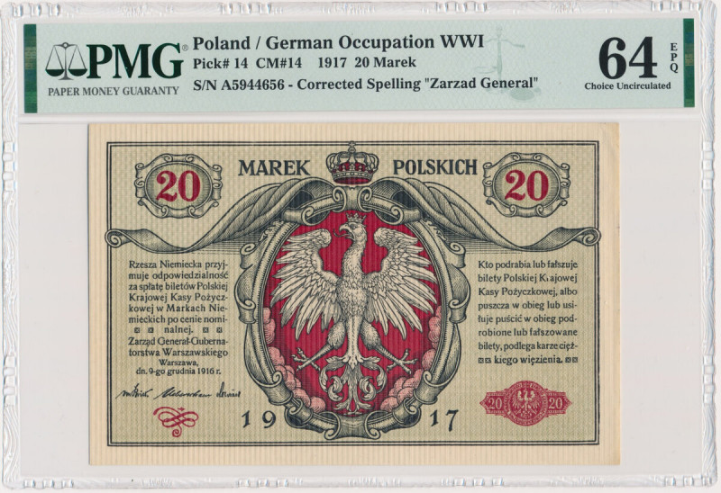 20 marek 1916 Generał - PMG 64 EPQ Typologicznie banknot rzadki w tak znakomitym...