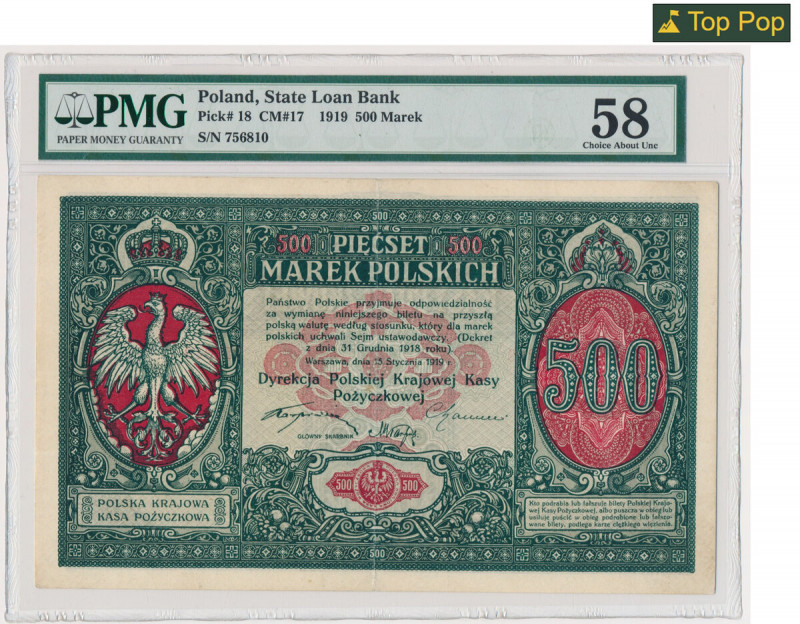 500 marek 1919 Dyrekcja - PMG 58 - znakomita nota Pierwszy polski banknot wydany...