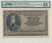 100 marek 1919 - Ser.BF - PMG 55 - znakomity Typologicznie jeden z najtrudniejszych polskich banknotów denominowanych w markach. Odmiana z drukiem na ...