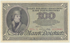 100 marek 1919 - III Ser. A - RZADKI Rzadka odmiana wydrukowana na gładkim, białym papierze ze znakiem wodnym orły.&nbsp; Banknot po pełnej konserwacj...