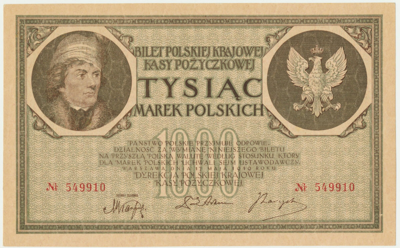 1.000 marek 1919 - bez serii - RZADKOŚĆ Jedna z najrzadszych odmian majowego tys...