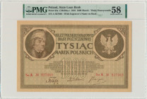 1.000 marek 1919 - 2 x Ser.A - PMG 58 - PIĘKNY Bardzo rzadka odmiana z numeratorem znaczonym dwa razy na awersie, wydrukowana na papierze ze znakiem w...