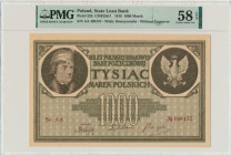 1.000 marek 1919 - Ser. AA - 6 cyfr - PMG 58 EPQ - RZADKI i PIĘKNY Bardzo rzadka, niepozorna odmiana tysiąc marek, która w stanach bankowych jest okaz...