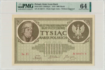 1.000 marek 1919 - ser. ZI - PMG 64 - numeracja wąska Odmiana wydrukowana na białym papierze ze znakiem wodnym 'orły'. Wariant z małą literą S i wąską...