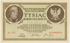 1.000 marek 1919 - Ser. ZAF - Odmiana wydrukowana na gładkim, białym papierze ze znakiem wodnym 'orły'. Bez ugięć przez pole. Ugięty lewy, górny naroż...