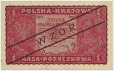 1 marka 1919 - WZÓR - I Serja CA - Wzór z numeracją bieżącą.&nbsp; Złamany w pionie. Rdzawy odcisk od spinacza. Drobne zagniecenie na powierzchni papi...