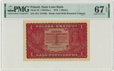1 marka 1919 - I Serja FU - PMG 67 EPQ Odmiana dwuliterowa z wysokim numeratorem.&nbsp; Perfekcyjny egzemplarz.&nbsp; Najwyższa nota w rejestrze PMG, ...