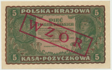 5 marek 1919 - WZÓR - II Serja DP - Oryginalny wzór z numeracją bieżącą.&nbsp; Ukośnie ugięty przez pole. Ugięta końcówka narożnika.&nbsp; Banknot w s...