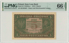 5 marek 1919 - II Serja B - PMG 66 EPQ - rzadka w tym stanie Wielokrotnie rzadsza jednoliterowa odmiana.&nbsp; Banknot w emisyjnym stanie zachowania w...