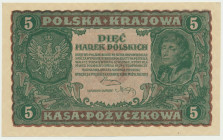 5 marek 1919 - II Serja M - Rzadsza jednoliterowa odmiana. Złamana końcówka prawego, górnego narożnika. Reszta bez zastrzeżeń. Naturalny, emisyjnej św...
