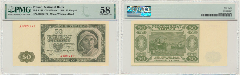 50 złotych 1948 - A - 7 cyfr - PMG 58 - RZADKI Rzadka odmiana z numeracją siedmi...