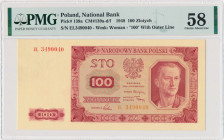 100 złotych 1948 - EL - PMG 58 - rzadsza odmiana Rzadsza odmiana, do której zalicza się raptem kilka serii, które charakteryzują się niskim krojem lit...