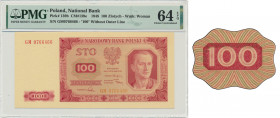 100 złotych 1948 - GM - PMG 64 EPQ - bez ramki Rzadsza odmiana bez ramki wokół '1OO'. Załamana końcówka prawego dolnego narożnika. Reszta piękna.&nbsp...